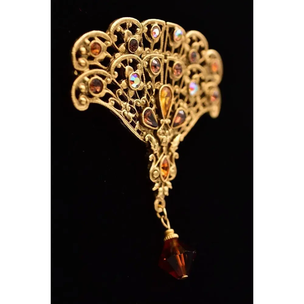 1928 Vintage Brooch Pin Fan Amber Dangle Rhinestone Crystal Gold Tone 80s BinBG